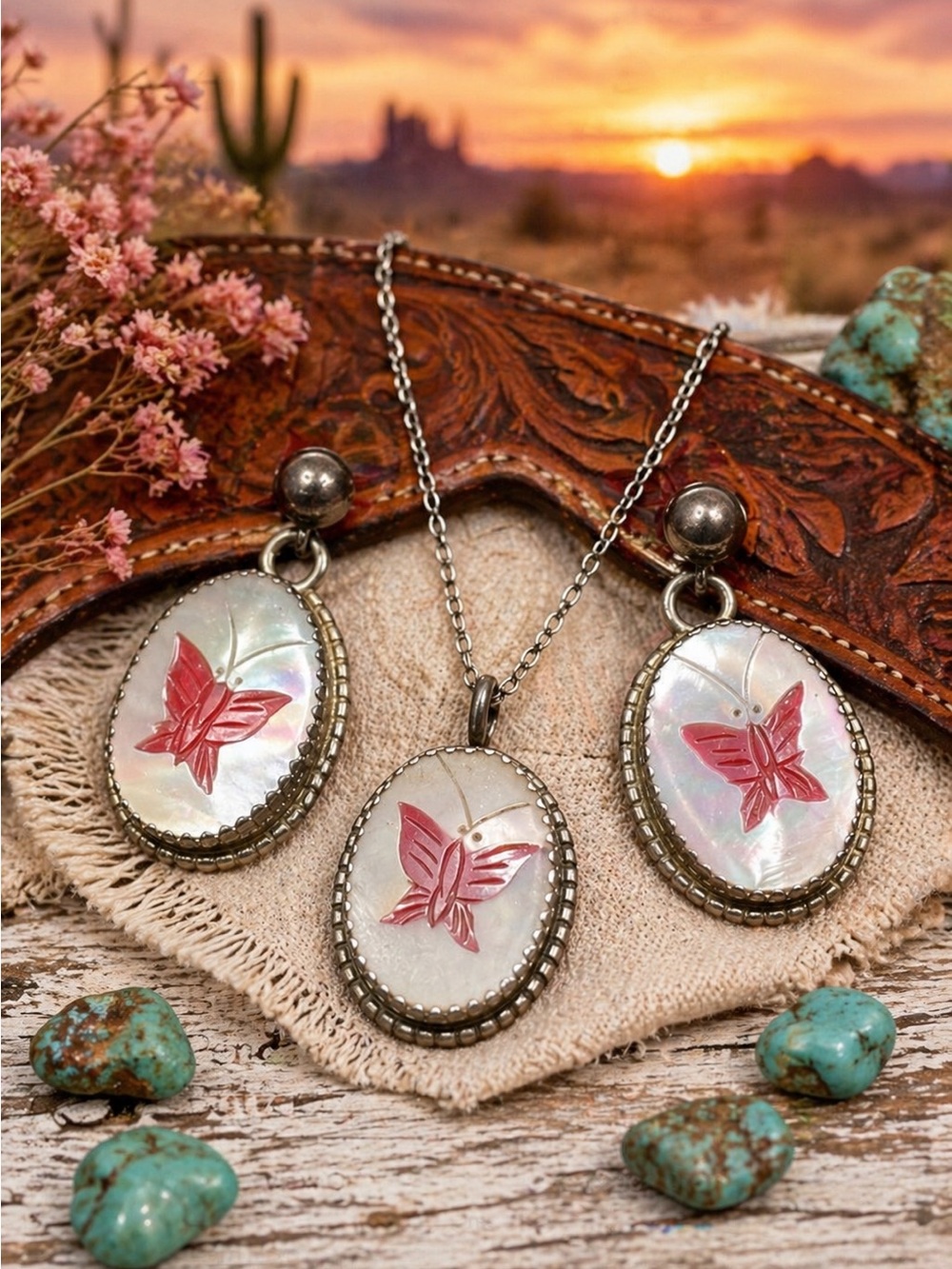 Navajo Signed CherokeeSterling  Butterfly MOP Pendant & Earrings Set